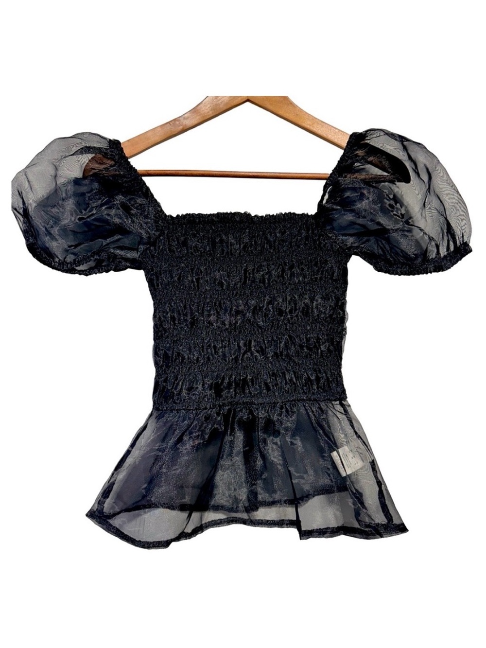 twik Black Sheer Puff-Sleeve Smocked Peplum Top - Picture 2 of 8